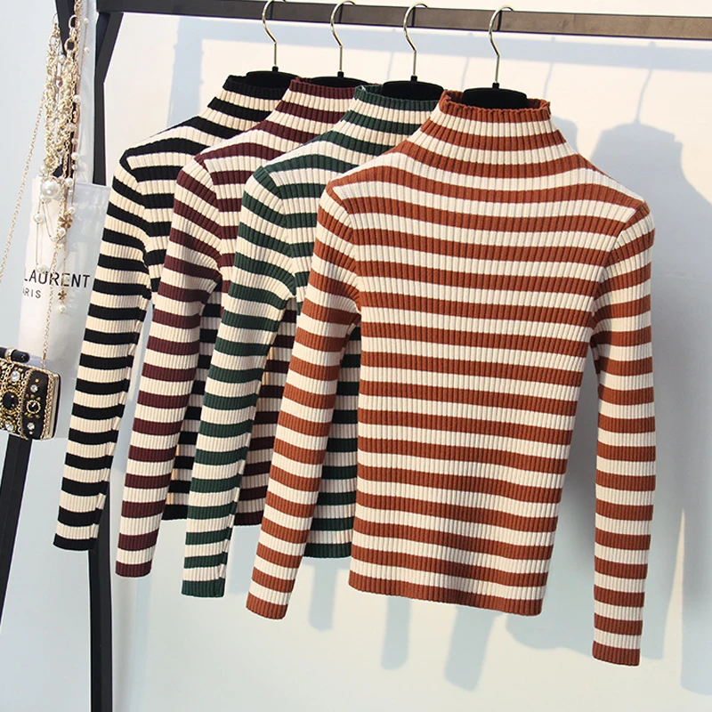 Autumn Winter Turtleneck striped Sweater Women Knit Casual Pullovers Long Sleeve high Elasticity female Cashmere sweater basic | Женская