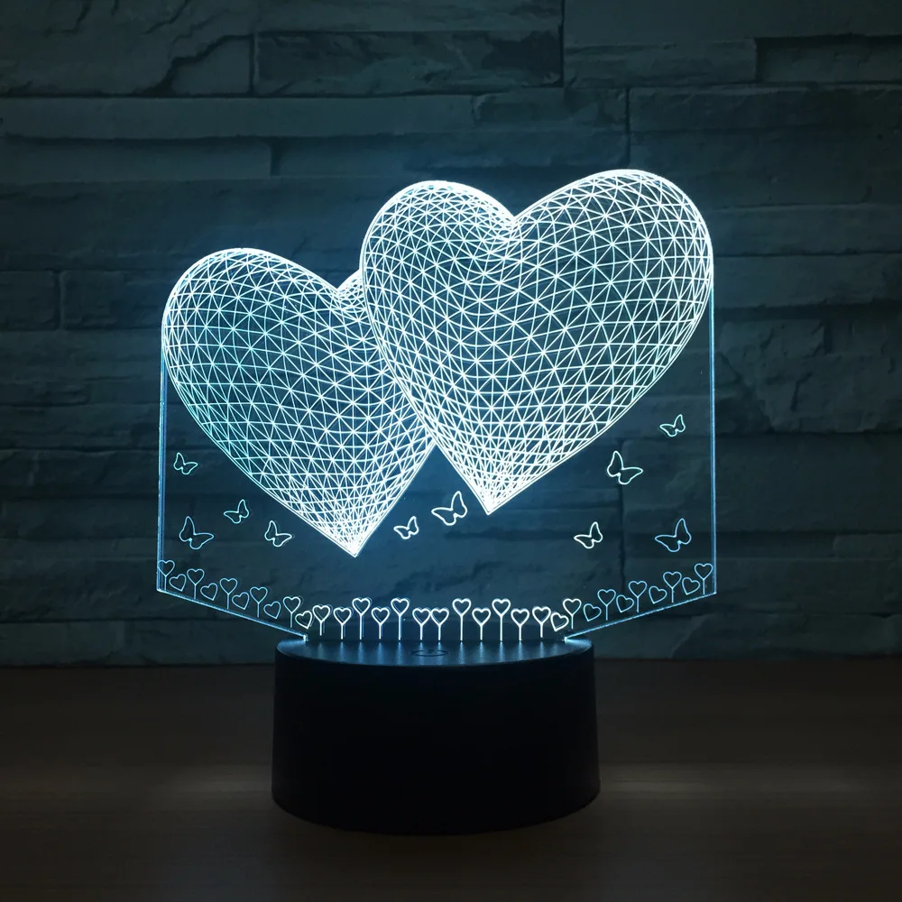 Двойная Любовь 3D Маленькая настольная лампа креативсветодиодный ночная лампа.