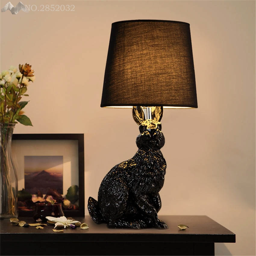 JW_Resin Rabbit Shape Modern Creative Led Table Light Black/White Cloth Lampshade Lamp Living Room Bedside Desk Deco | Лампы и