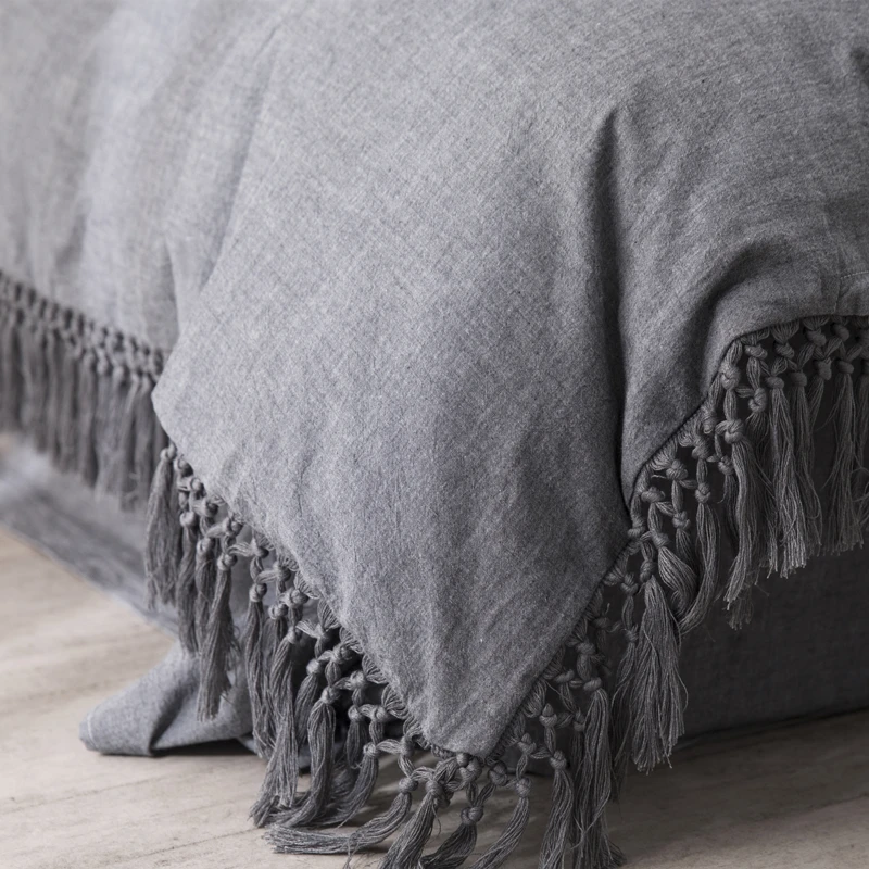 100% Washed Cotton solid color Tassels Bedding Set Soft Duvet Cover Sets Bed Sheet Pillowcases Twin Queen King size 3/4pcs | Дом и сад