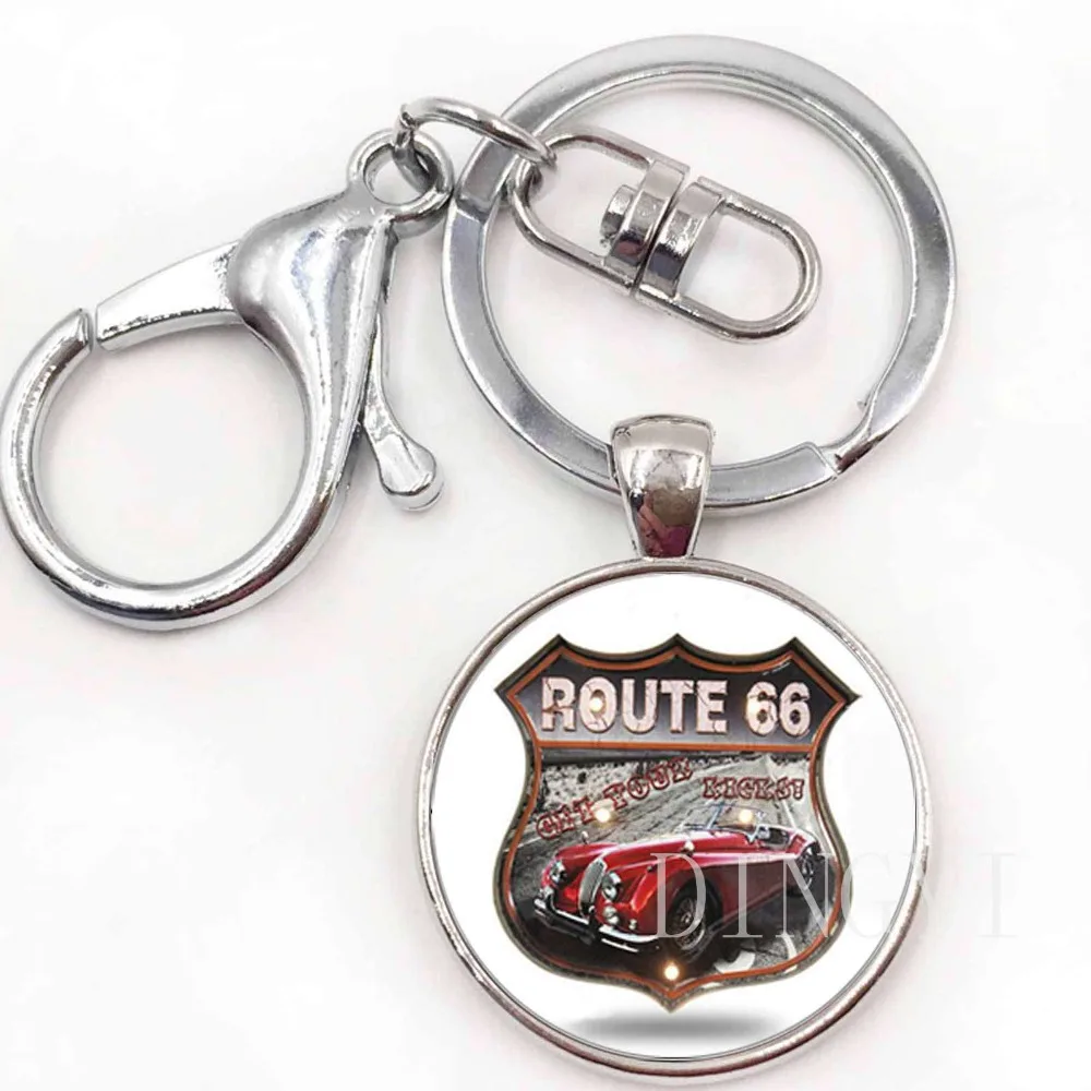 Route US 66 брелок стеклянные купольные украшения Серебро старинный Route 66 США кулон женские мужские брелки круглый ключ цепи в подарок