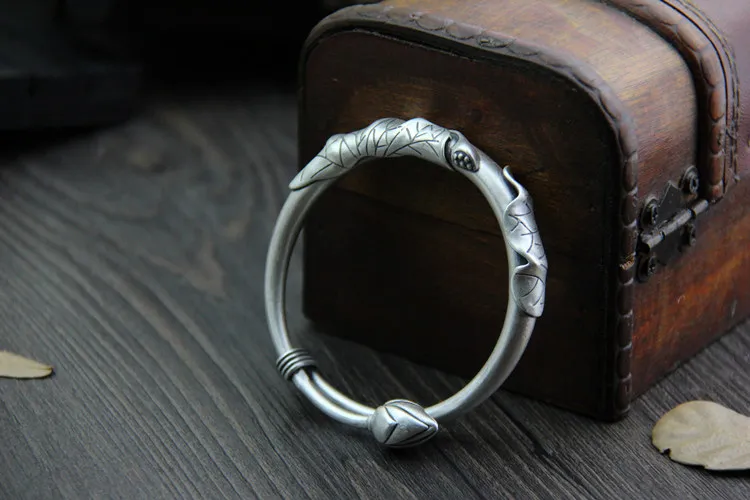 Pure Silver Ethical 925 Sterling Thai Bracelets Bangles Vintage Matt Open Size S925 Bangle Jewelry With Lotus Leaf Seed | Украшения и