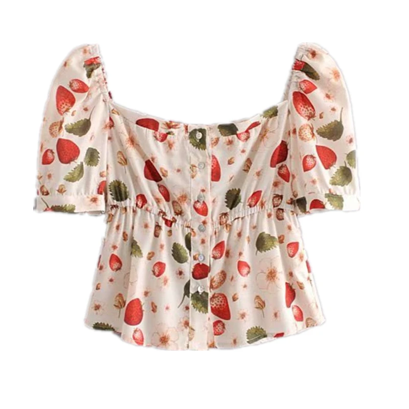 2019 ladies cute strawberry print shirt word collar short sleeve casual loose holographic chiffon shirt coat female