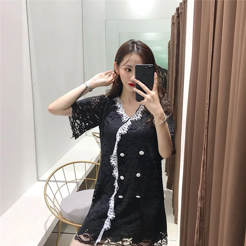 black lace mini dress Women's Clothing loose summer v-neck Female fashion perspective short dresses Vintage vetement femme new | Женская