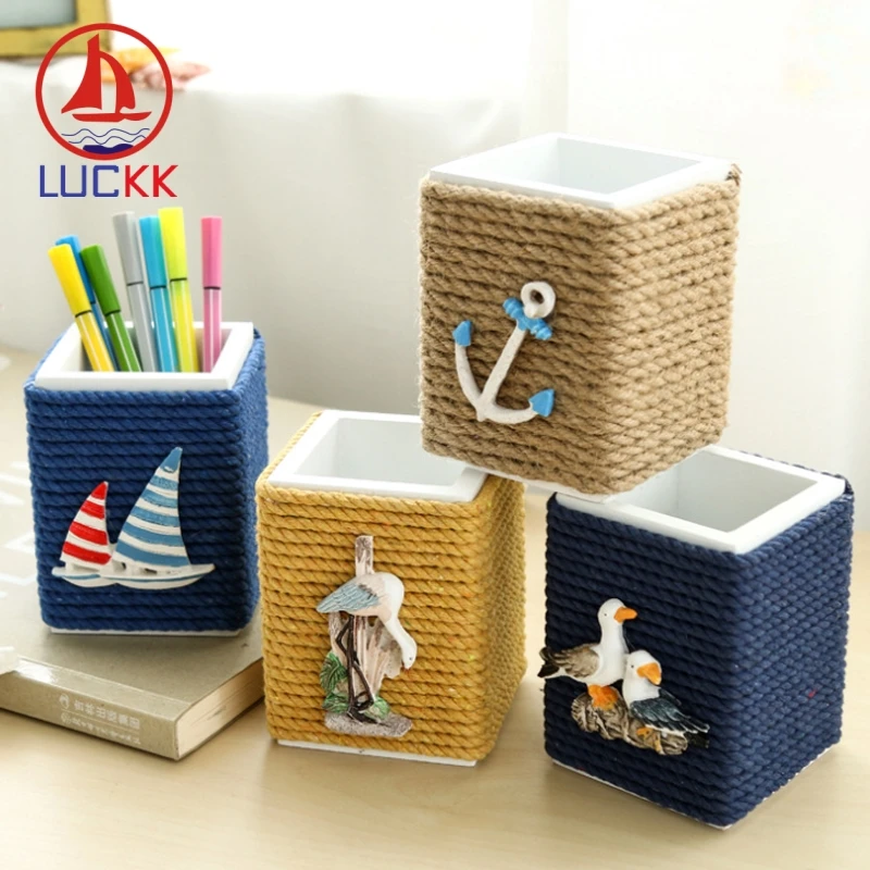 

LUCKK 8*11CM Mediterranean Style Retro Wooden Pencil Pen Holders Home Interior Decor Room Office Supplies Desk Nautical Crafts