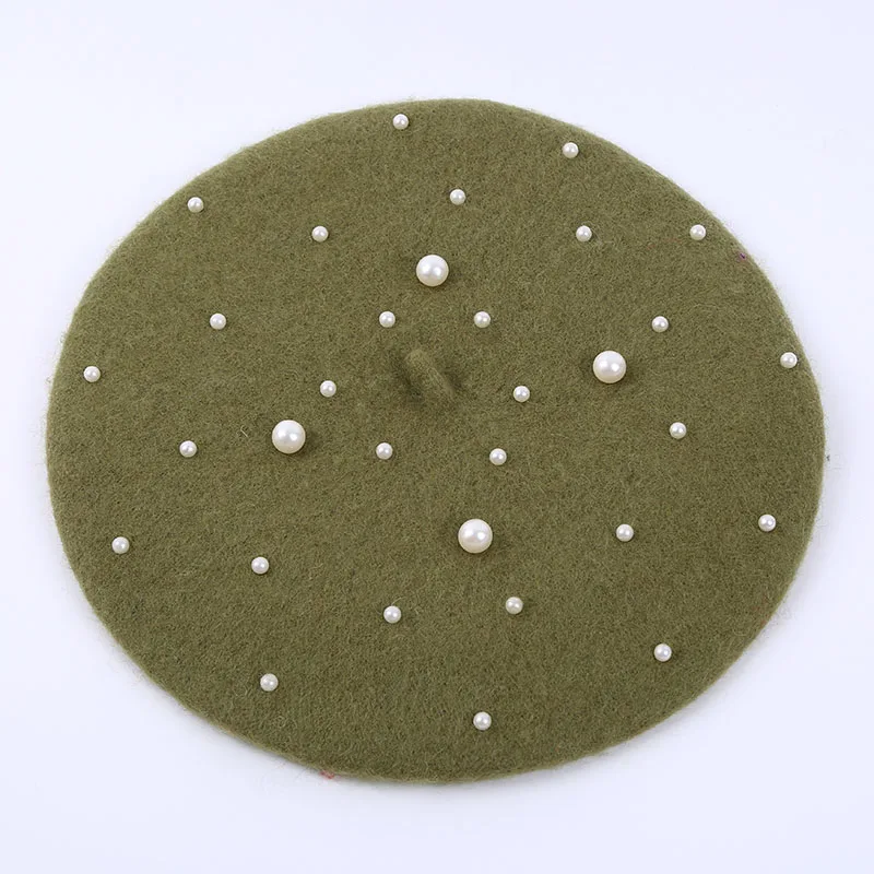 pearl fruit green Модный женский вязаный берет из чистой шерсти с жемчугом, осенне-зимний теплый элегантный женский берет художника, шапки для девушек, 14 цветов - Цвет: pearl fruit green