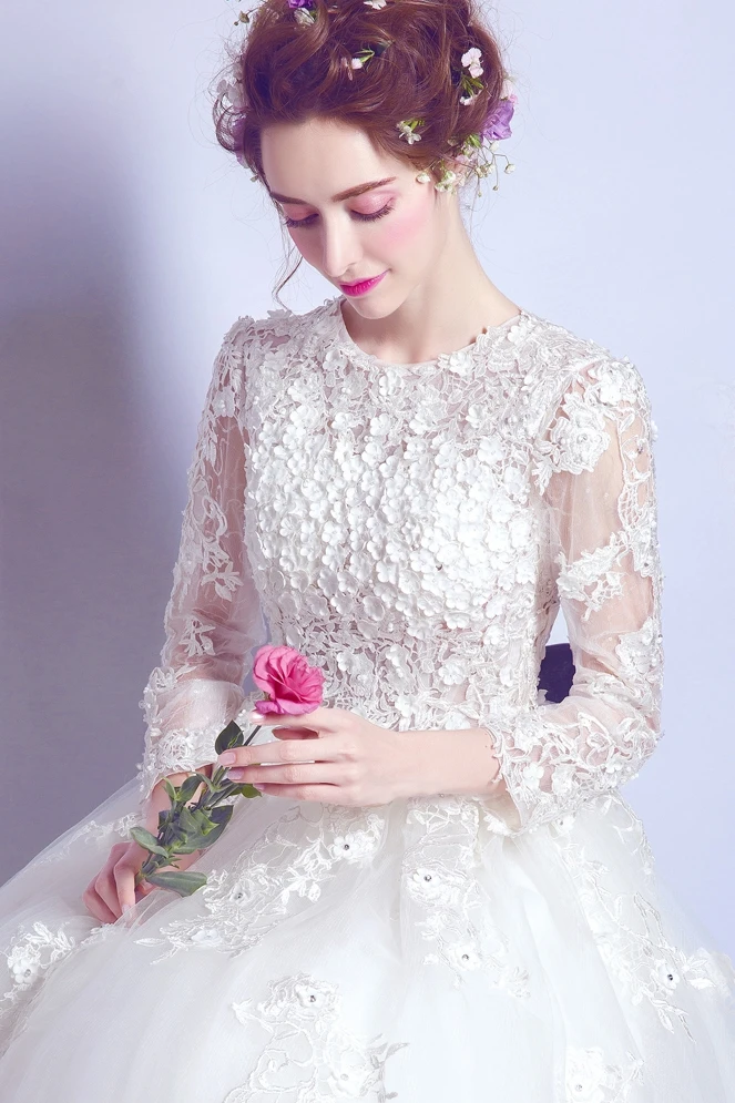 Платье для свадьбы бальное платье с О образным вырезом и кружевной аппликацией