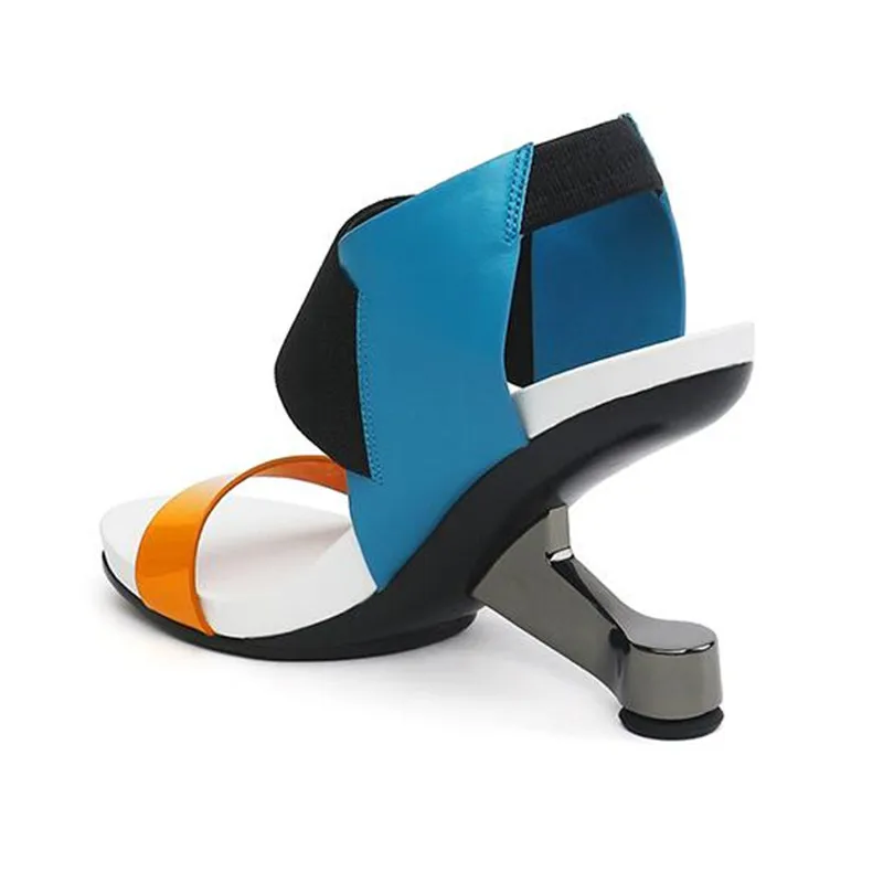 Разноцветные женские босоножки на танкетке; женские летние сандалии-гладиаторы на необычном металлическом каблуке 8 см; модные пляжные сандалии; Feminino; туфли на шпильке