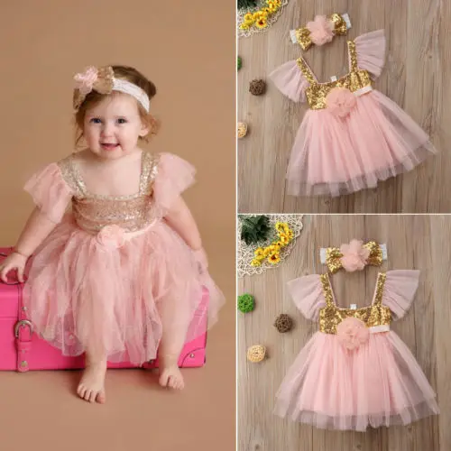 2018 New Summer Princess Formal Pink Tulles Sequin Dress Kids Baby Girl Lace Floral Party Sleeveless Sundress+Headband Set | Детская