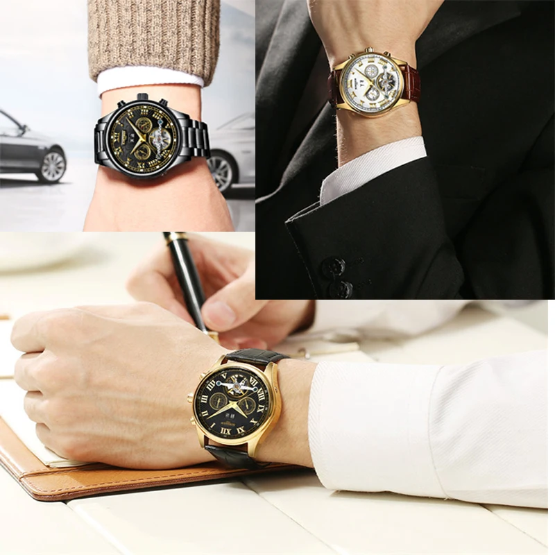 KINYUED Мужские механические светящиеся часы Tourbillon водонепроницаемые Скелет