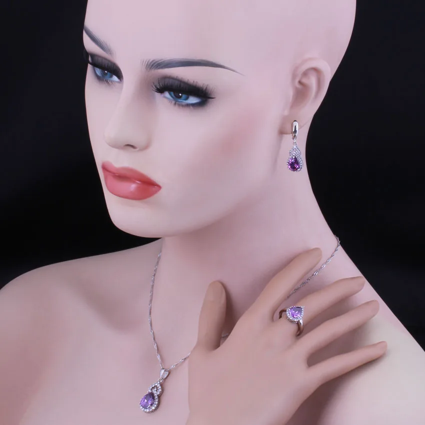 Изысканная груша фиолетового кубического циркония Белый CZ Посеребренные