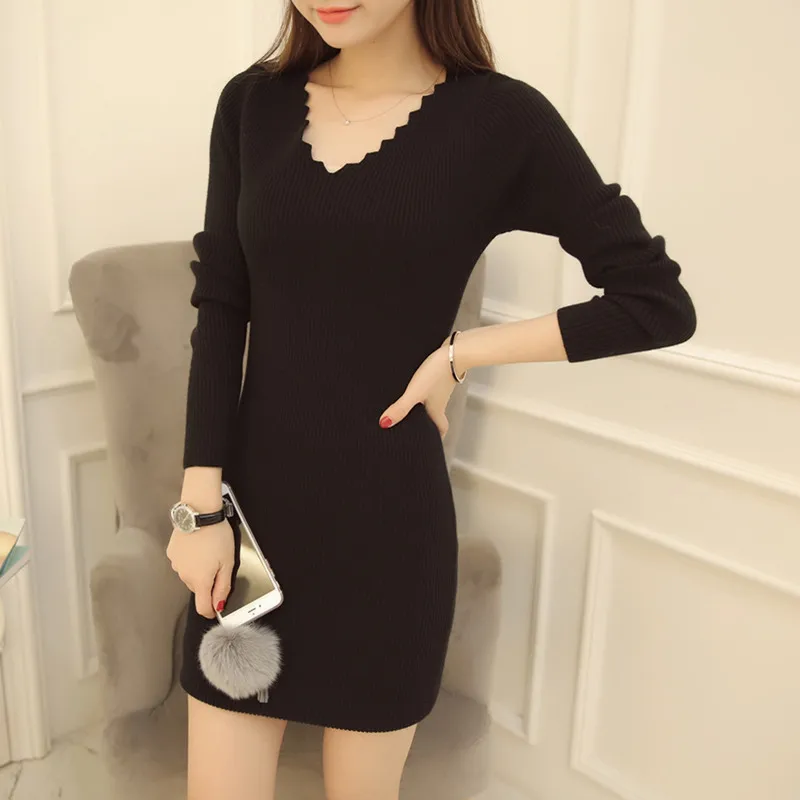 Женский пуловер с длинным рукавом Облегающее вязаное платье-свитер в Корейском
