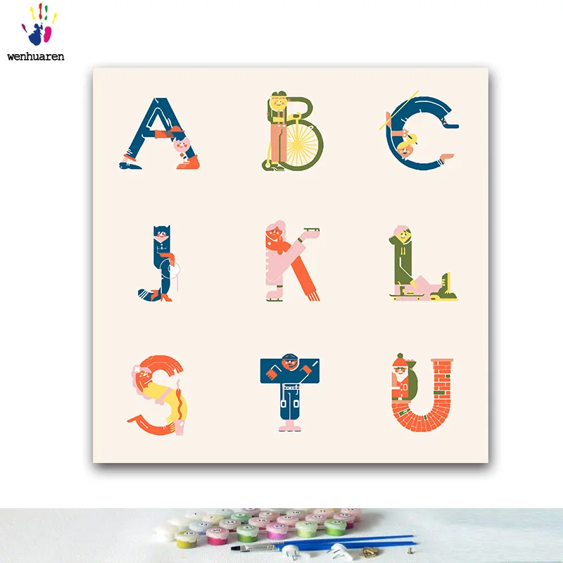 DIY colorings pictures by numbers with colors English 26 letters picture drawing painting framed decor three pieces | Дом и сад