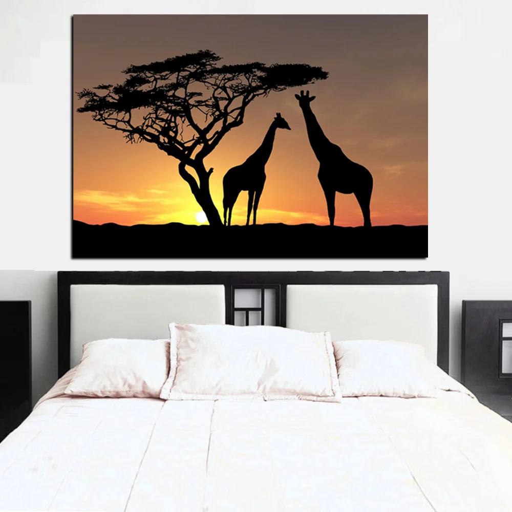 Картина маслом на холсте с изображением оленя, жирафа и заката в стиле HD Print. Поп-арт. Современный постер с животными на стену для гостиной. Картина для живой комнаты "Cuadros".