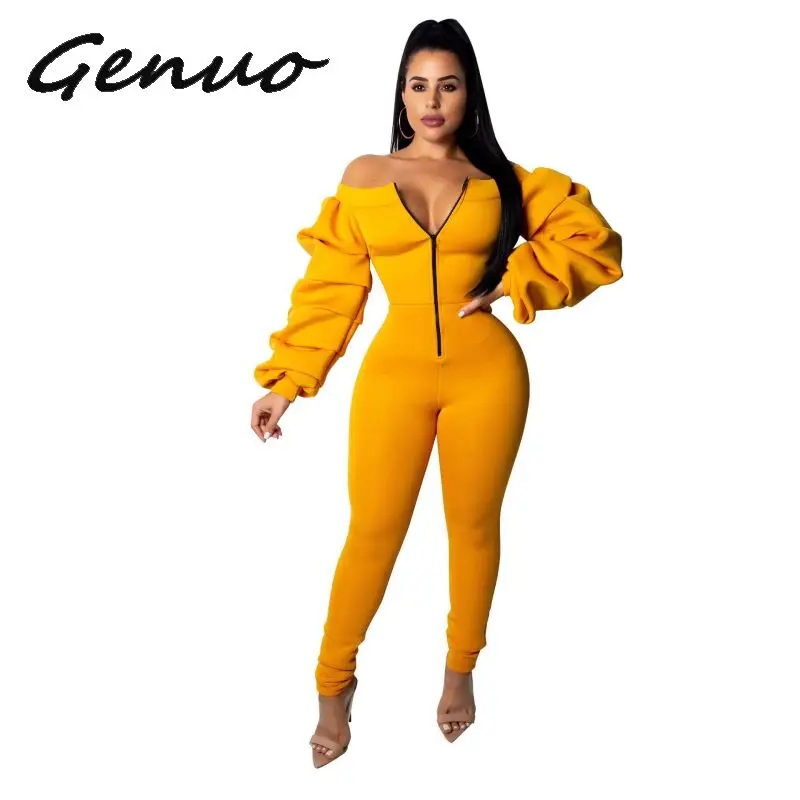 Genuo Autumn 2019 Sexy Design Hot Sale Women Long Jumpsuits Solid Slash Neck Full Sleeve Lady Age Reduction Bodycon Romper |