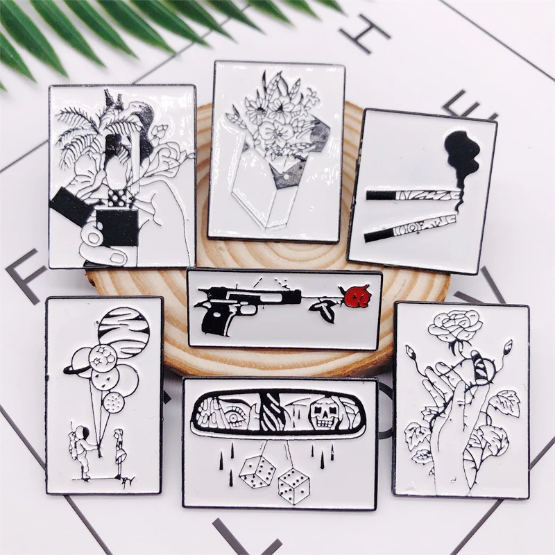 Креативная черно-белая Геометрическая эмалированная брошь роза сигарета ручной