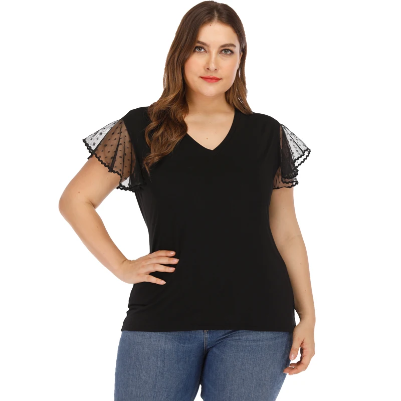 Women Plus Size 5XL Sheer Mesh blouse Polka Dot Lace V Neck Short Sleeves High Waist Slim Casual Tees Ladies Summer Tops |