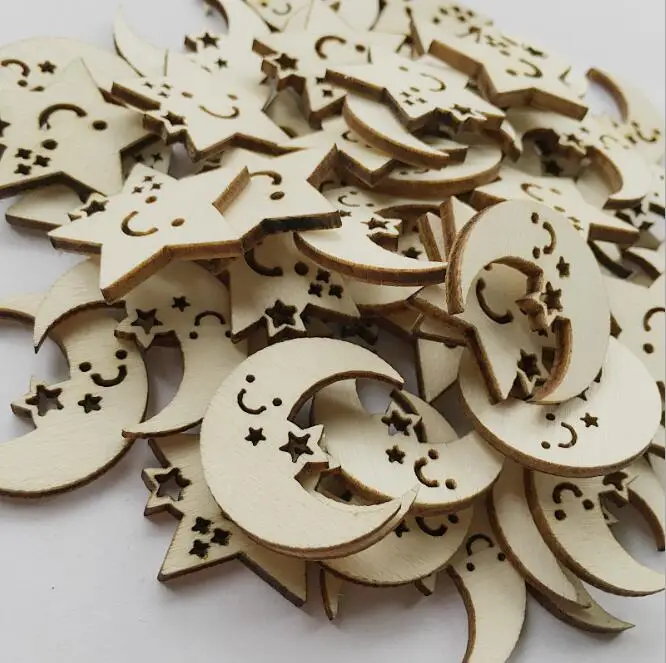 50pcs Laser Engraving Smile Star Moon Shape Wood Brick for Coth art\ Scrapbooking DIY\ Toy\ DIY Craft Supplies XP291 | Дом и сад
