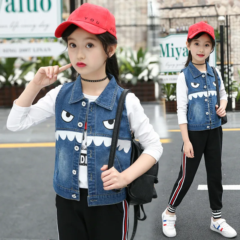 Girls Casual Cartoon Denim Vests Waistcoats Autumn Children Printed Fashion Vest Girl Jeans Outdoor Waistcoat
