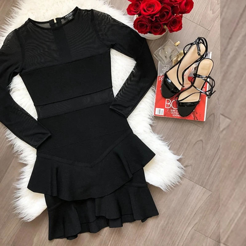 Elegant Black Long Sleeve Mesh Sexy Bandage Dress Solid Hollow Out Fashion 2019 New Clubwear Night Festa Celebrity | Женская одежда