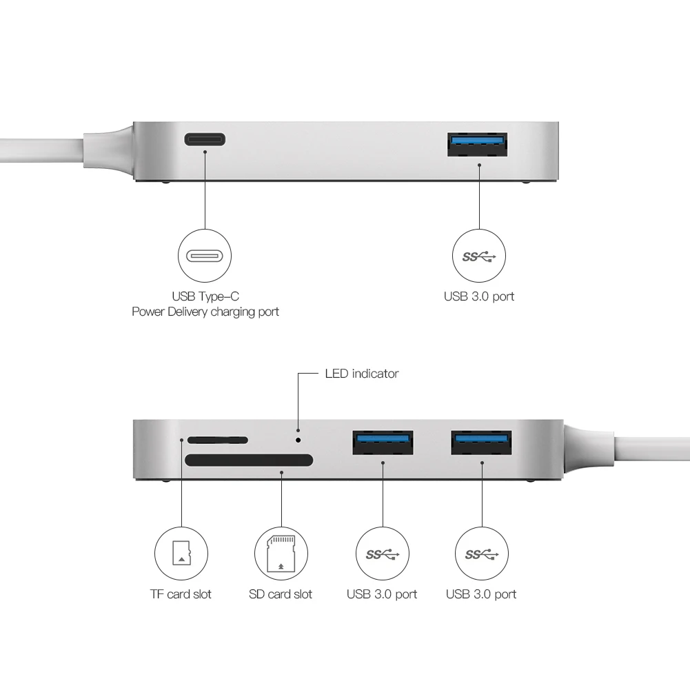 Адаптер dodocool 6 в 1 из алюминиевого сплава для чтения SD/TF карт 3 порта USB 0|usb-c hub|usb 3.0