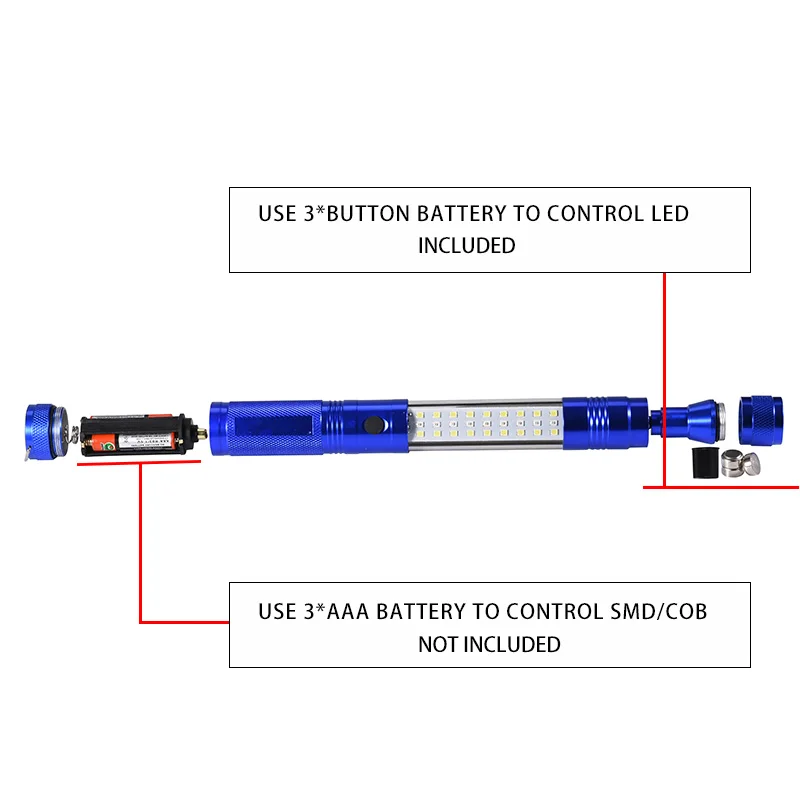 Coba led adjustable flashlight cob work light use 3*AAA battery 4 modes lamp with 2 switch magnetic hook waterproof | Освещение
