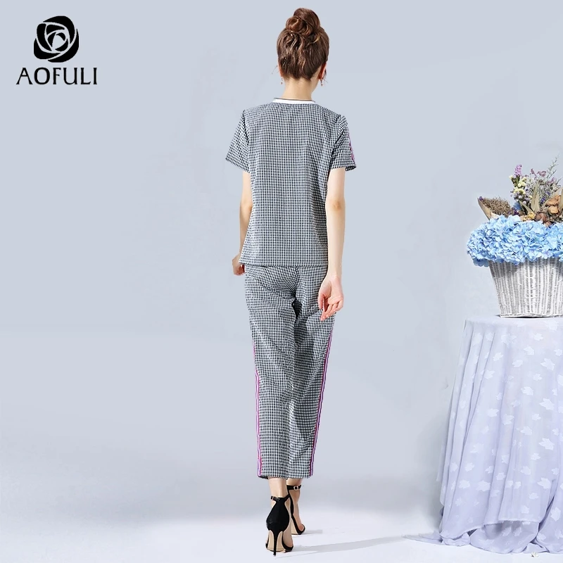 AOFULI L 4XL 5XL плед печати костюм из 2 предметов женские летний комплект большие