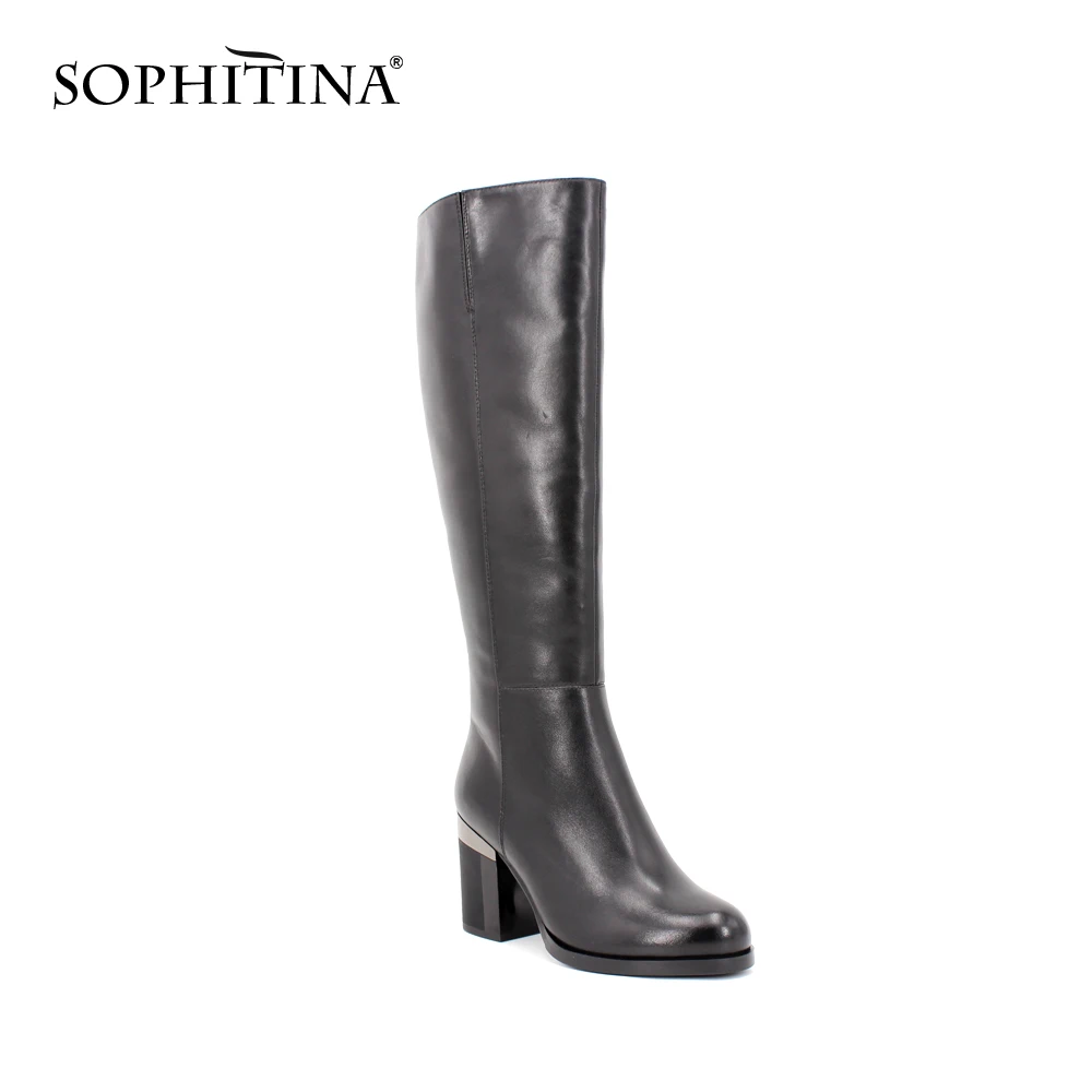Black wool fur SOPHITINA/Зимние женские сапоги 2019г. Сапоги из натуральной кожи черного цвета с округленным мыском. Женская зимняя обувь на натуральном мехе и ворсине на высоком и толстом каблуке. Сбоку- застежка на молнию. B35 - Цвет: Black wool fur