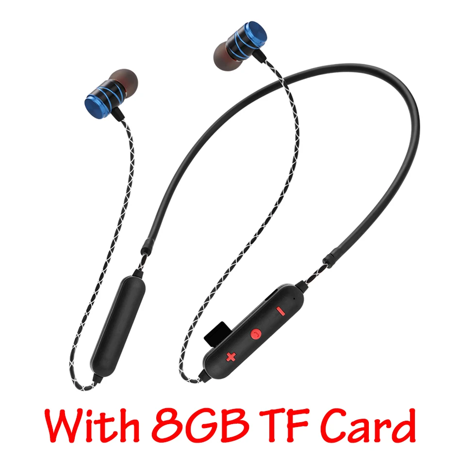 Blue Add 8GB Card HOMEBARL K308 Magnet Bluetooth Headset Wireless Headphone Music Sport Stereo Earphone Mic Support 16GB 8GB Micro SD TF Card Slot - Color: Blue Add 8GB Card