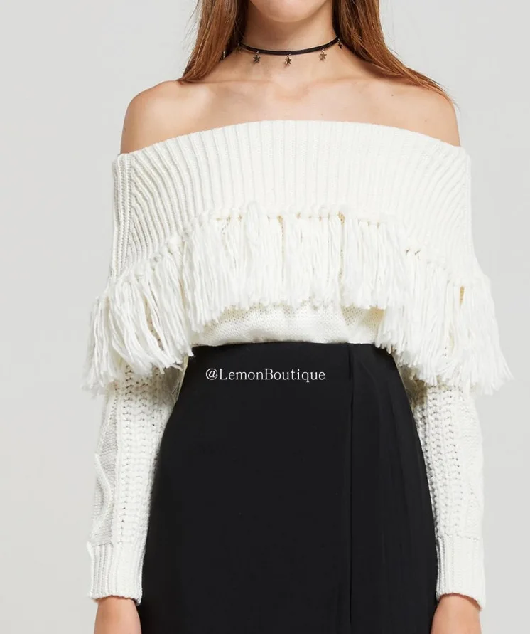 Wicky Autumn Winter New Solid Color Sweaters One Word Neck Long Sleeve Tassel Sexy Temperament Wild Sweater Female | Женская одежда