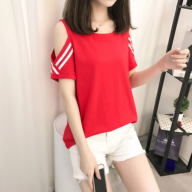 Femme Топы 2018 лето новая модная футболка женская кружевная открытая с коротким