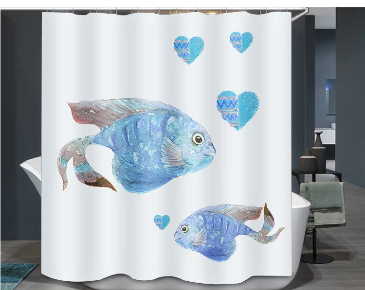 Fish 01 Многоразмерная душевая занавеска для ванной комнаты, полиэстер, водонепроницаемая, быстросохнущая, зеленая растительная печать, занавеска для душа с 12 крючками - Цвет: Fish 01