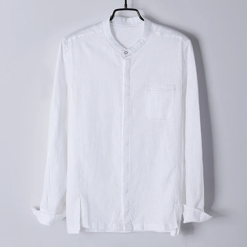 

Designer new stand collar long-sleeved linen shirt men casual fashion white mens shirt unique design Italy shirts male camisa