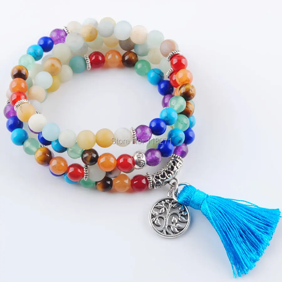 

108 Meditation Multi-layer Bracelets 7 Chakra Yoga Natural Round Amazon Mala Bead Life Tree Tassel Boho Long Necklace PK3207