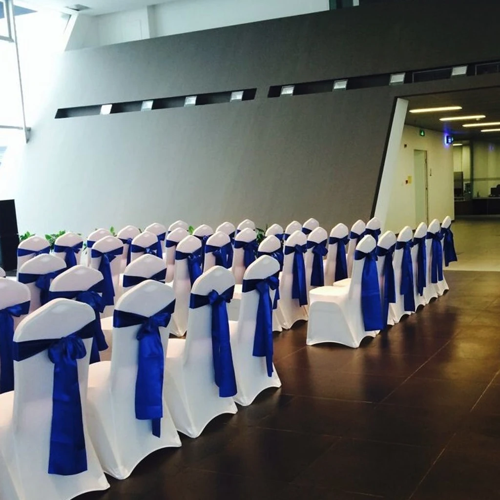 

50pcs Hot Sale Stretch Wedding Chair Cover Satin Fabric Bow Tie Ribbon Band Wedding Party Birthday Decorations Wholesale Retail