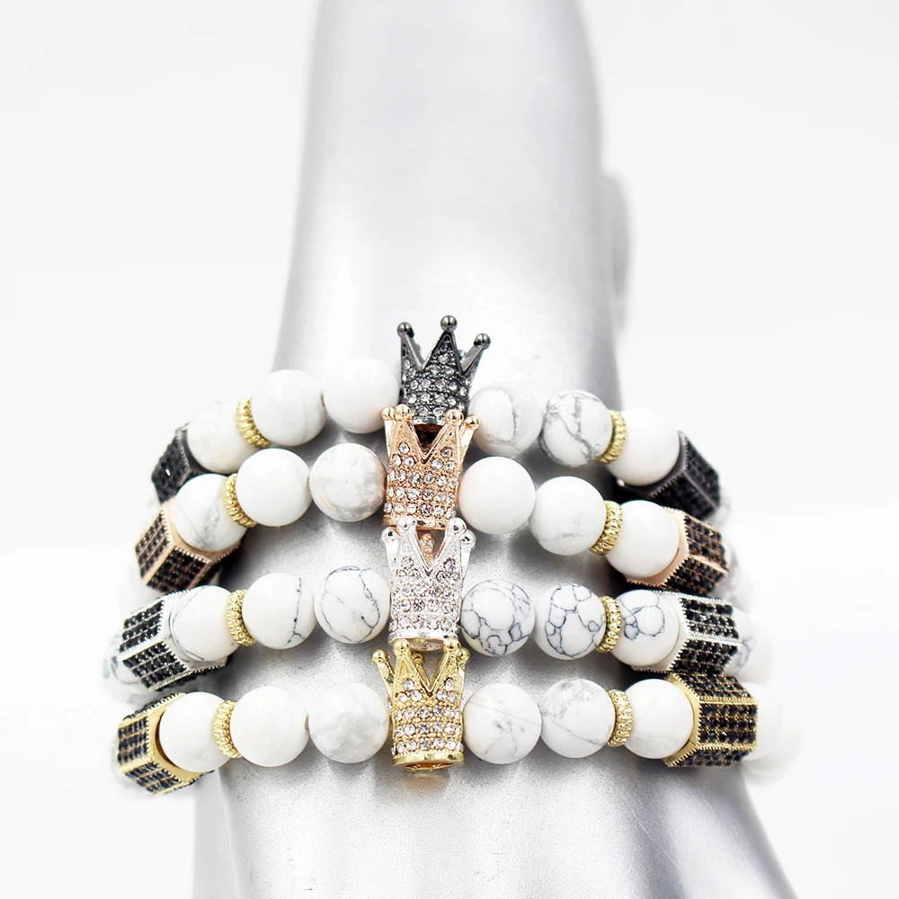 Модные черные, белые бусины из камня Howlite, золотые, сплав, Хрустальная корона, шестигранный браслет, наборы для женщин и мужчин, Парные браслеты, ювелирные изделия