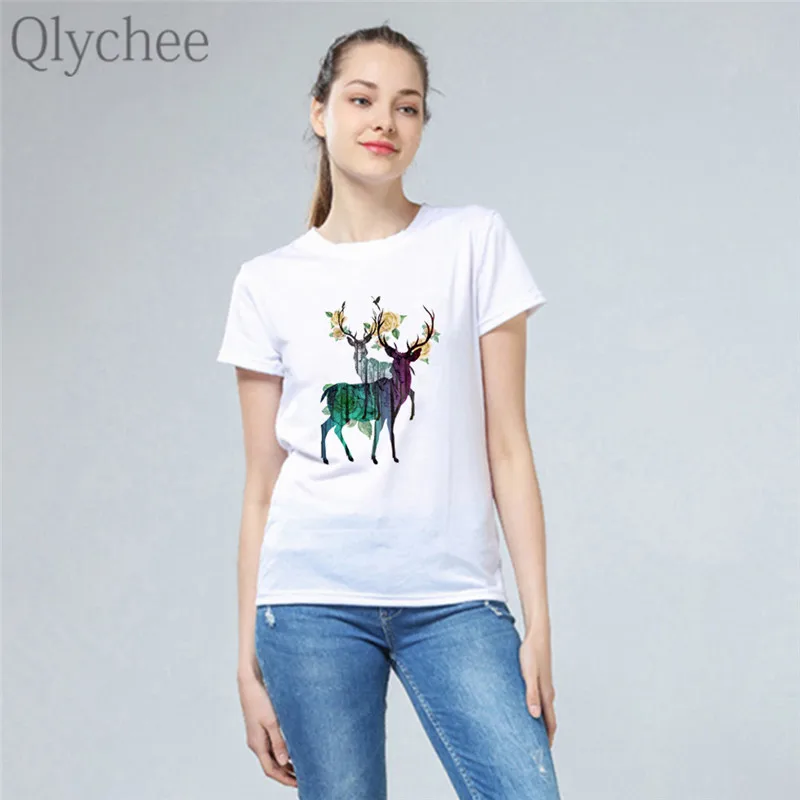 Qlychee/женские футболки в стиле Харадзюку с цветочным рисунком оленя топы вырезом