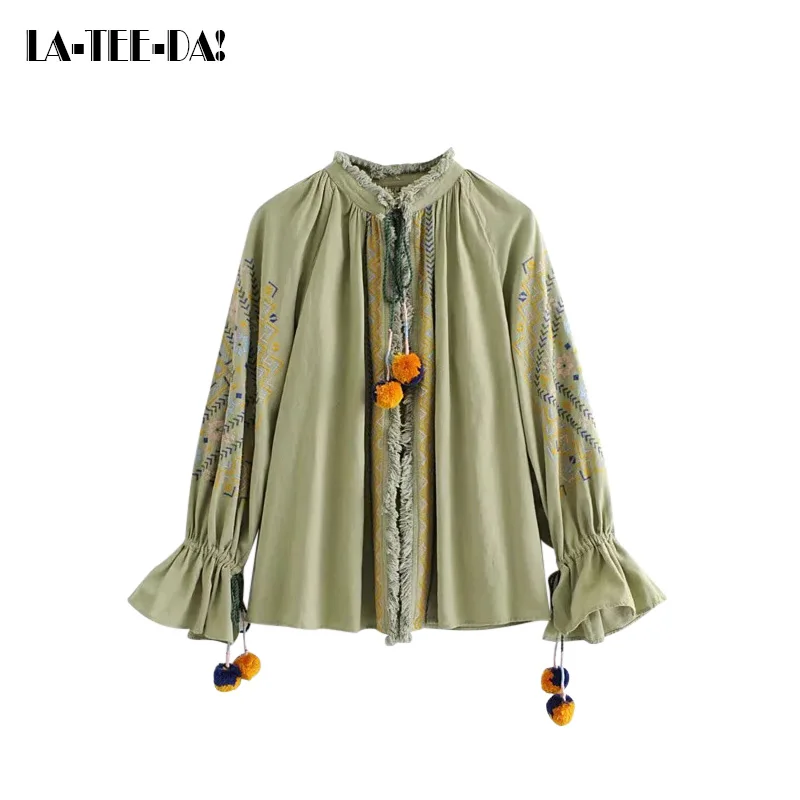 LTD1198280 ELYB New Embroidery Floral Blouses Women Drawstring Pom Ball Fluffy Shirts Lady Fashion Stand Loose Vestidos |