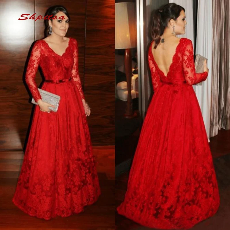 

Red Long Sleeve Lace Evening Dresses Party Sexy A Line Plus Size Ladies Women Formal Dresses Evening Gown
