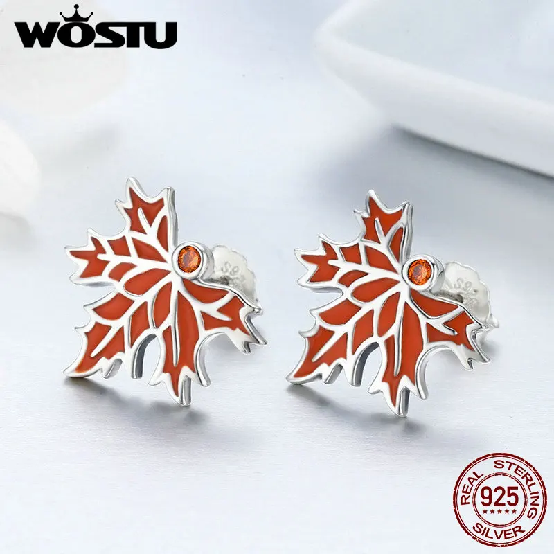 WOSTU 100% Серебро 925 пробы осенние серьги-гвоздики с кленовыми листьями для женщин