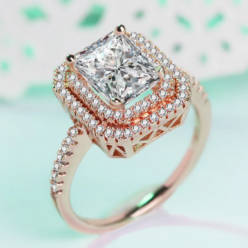 Geometric Rectangle Rose Gold Wedding Ring for Women Micro-inlaid Simulation Fashion Jewelry Engagement Love Rings Gift | Украшения и