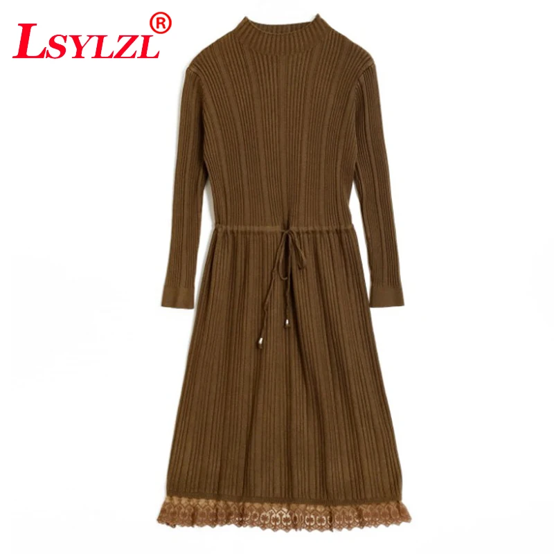 2018 последнее долго Платья свитеры Для женщин с кружевом оборками и эластичное