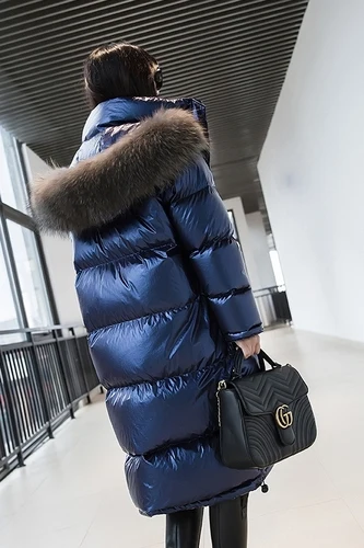 Bluehui Tcyeek, зимние куртки для женщин, 90% белый утиный пух, светильник, парки+ Большие меховые пальто с капюшоном, длинный пуховик, теплая Повседневная плотная верхняя одежда, LW1005 - Цвет: Bluehui