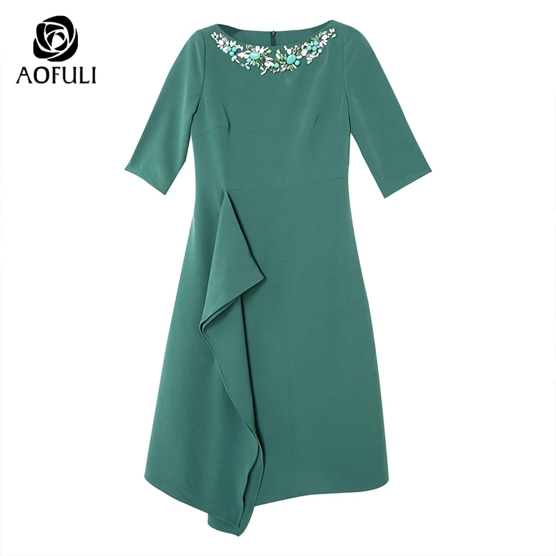 Женское Ассиметричное платье AOFULI L ~ XXXL зеленое плиссированное до середины икры с