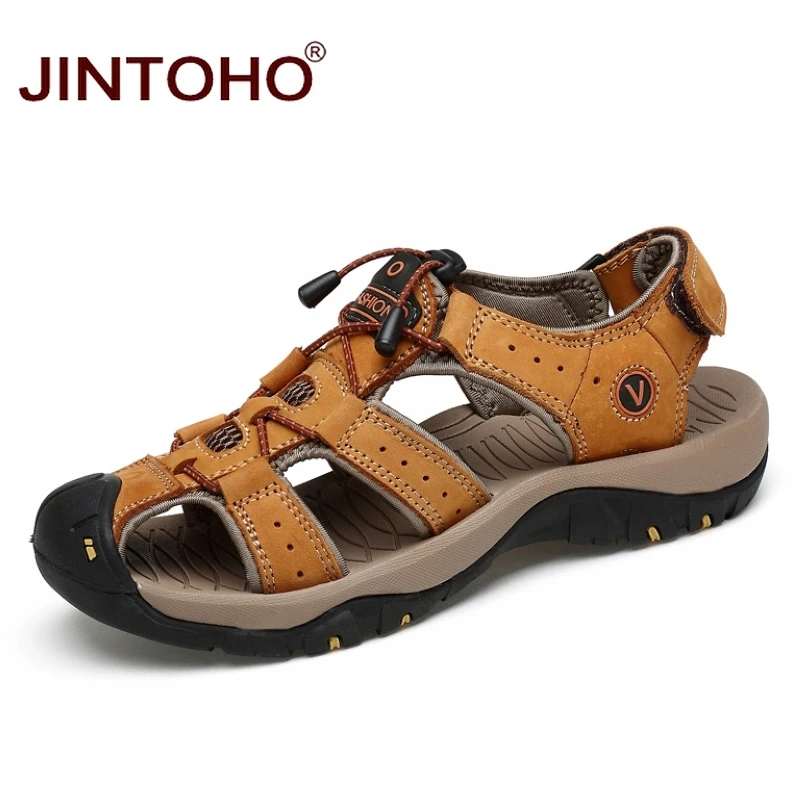 Сандалии JINTOHO мужские из натуральной кожи модные пляжные босоножки Брендовые