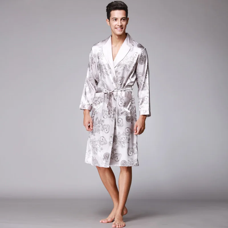 RB0127 Men Robe Soft Nightwear Satin Silk Sleepwear Male Dragon Print Bathrobe Long Sleeve Pijama V Neck Night Robe Brand Pyjama