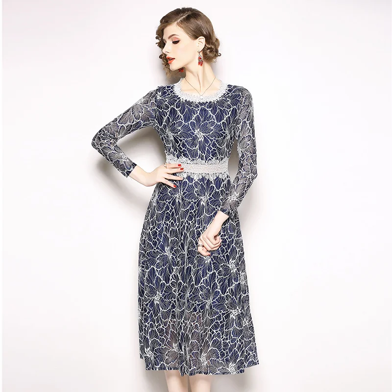 Autumn Women Midi Blue Red Lace Dress Vestidos Mujer 2021 Robe Femme Ladies Work Office Party Roupas Feminina | Женская одежда