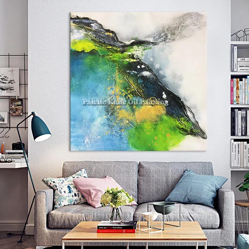 Картина маслом на холсте декоративная акриловая синяя зеленая настенная