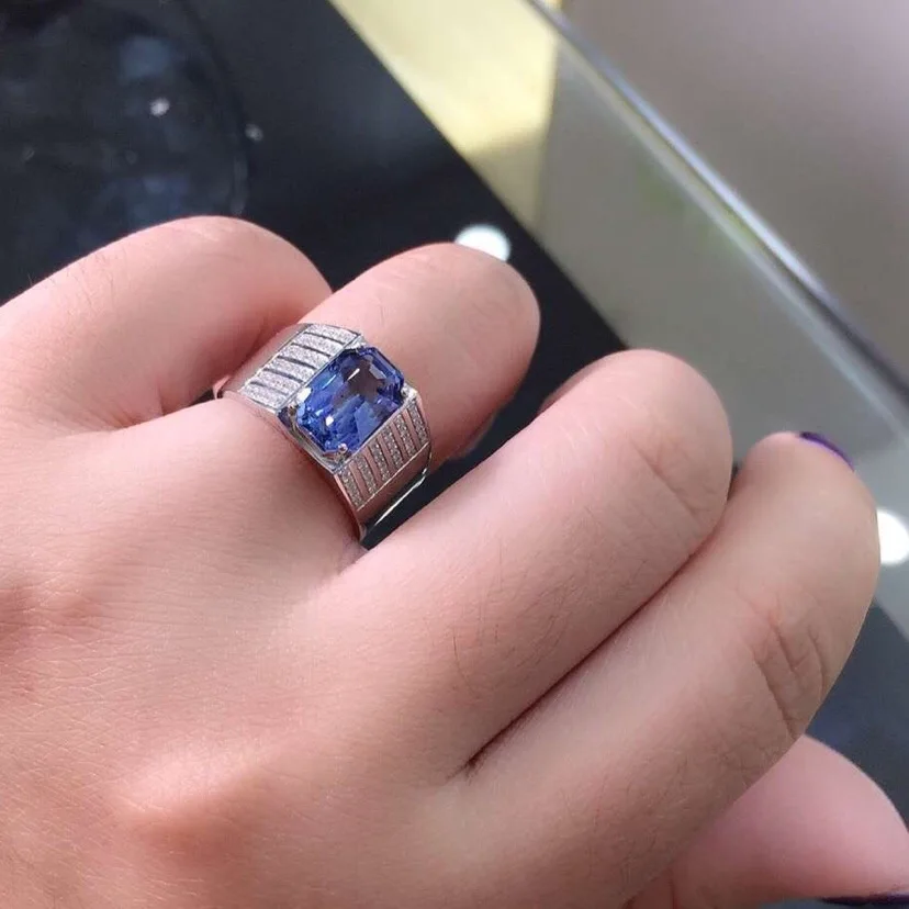 Мужское кольцо с натуральным синим сапфиром 18 К белое золото 3 61ct | Украшения и