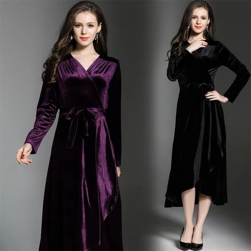 Новинка, бархатное сексуальное Элегантное макси платье, Vestidos, для женщин, весна-осень, с оборками, облегающее и расклешенное, велюровое платье, черное, плюс размер, M-8XL